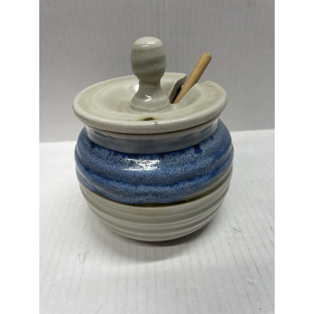 Vintage Art Pottery Honey Pot Blue W/lid and wooden Honey Spoon NOS